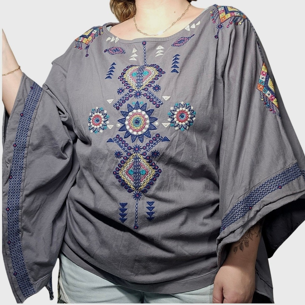 JW Los Angeles Johnny‎ Was Gray Embroidered Kimono Sleeve Boho Top XS